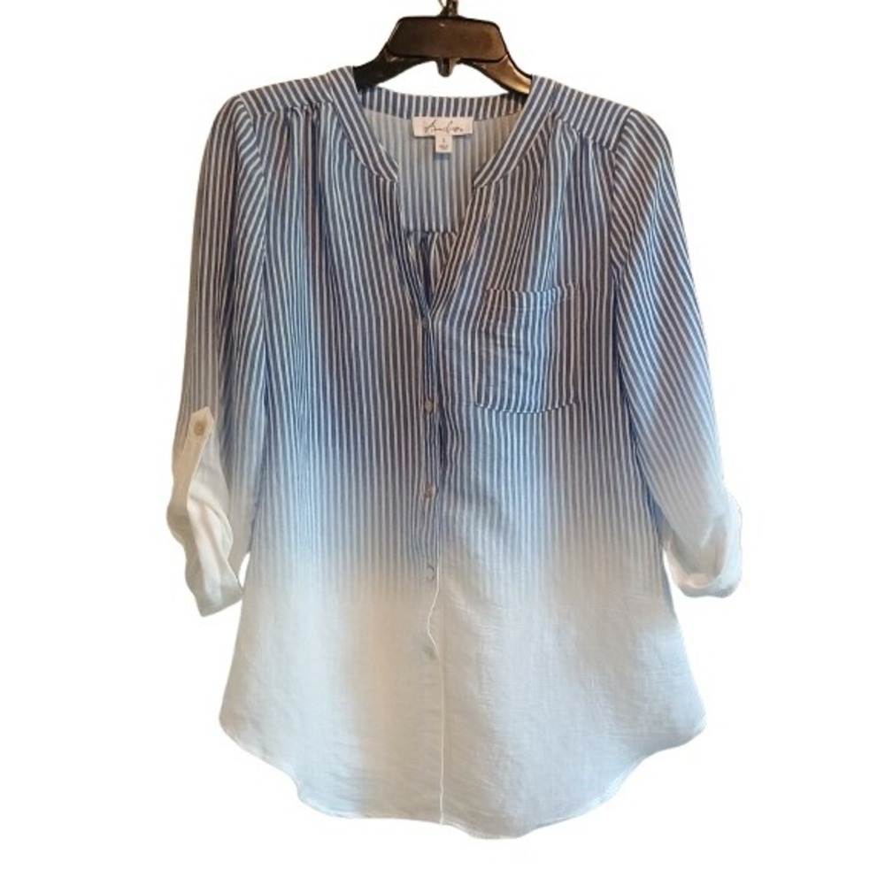 Anneliese Blue Ombre Vertical‎ Striped Button Down Shirt Tunic Blouse Size Small